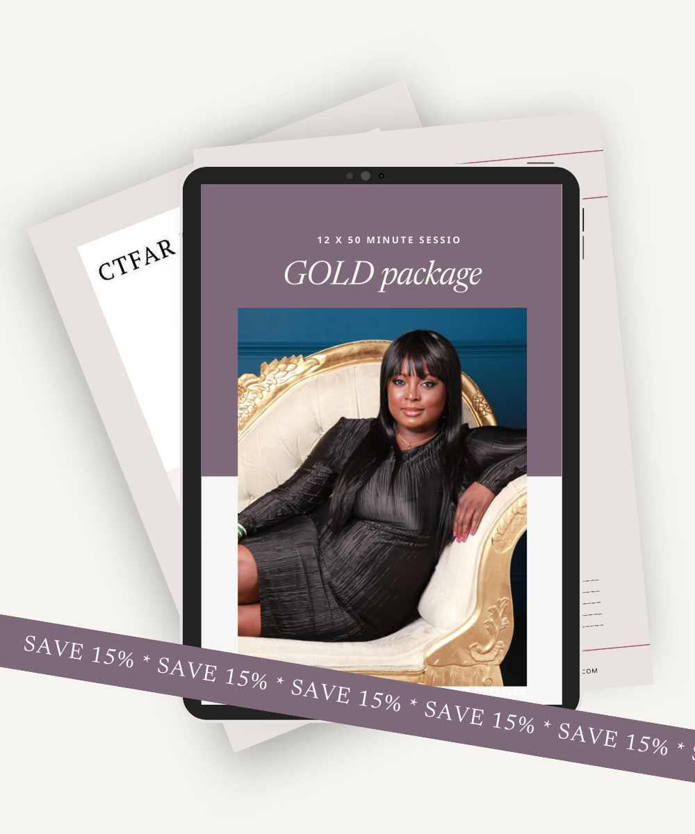 Image of the Gold Package offer on a tablet screen, featuring a smiling woman in a black dress sitting in a gold-accented chair.